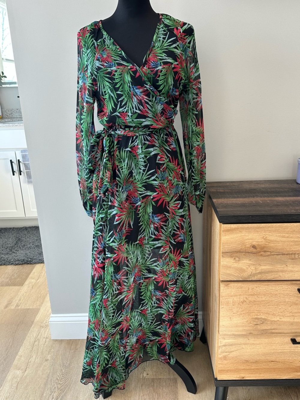 Bandolino Floral Leaf Print Wrap Maxi Dress - Black/Green/Red